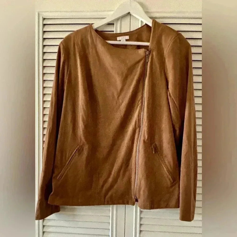J. Jill Women’s Faux Suede Asymmetrical Moto Jacket Brown SZ M